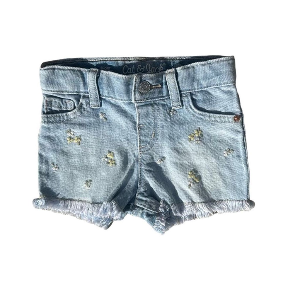 Cat & Jack Girls Blue Denim Shorts Flower Embroidery Frayed Hem Recycled…